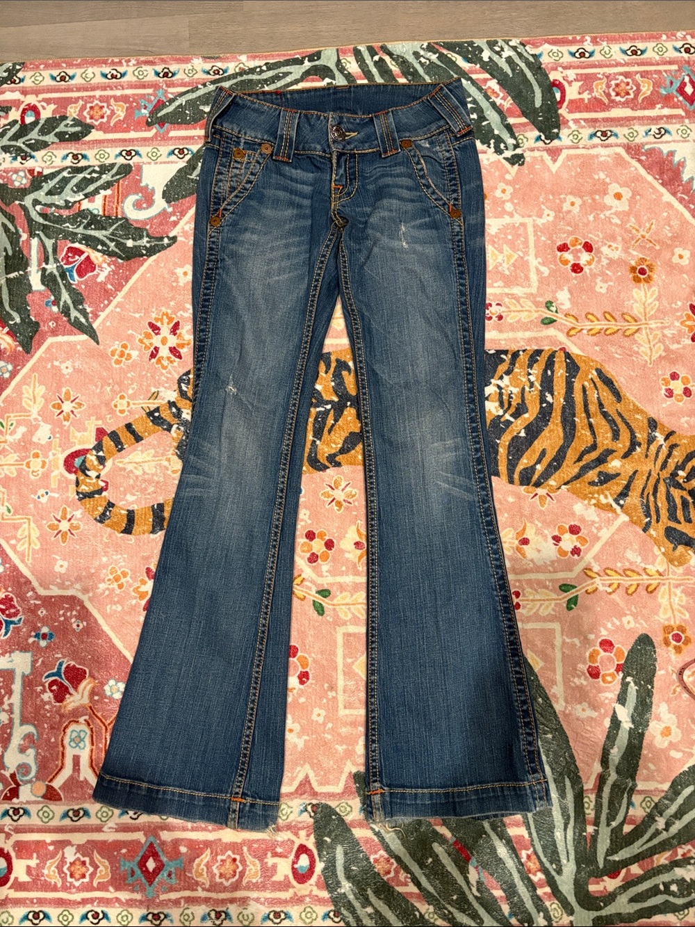 True Religion Distressed Low-Rise Dark Blue Flare Jeans